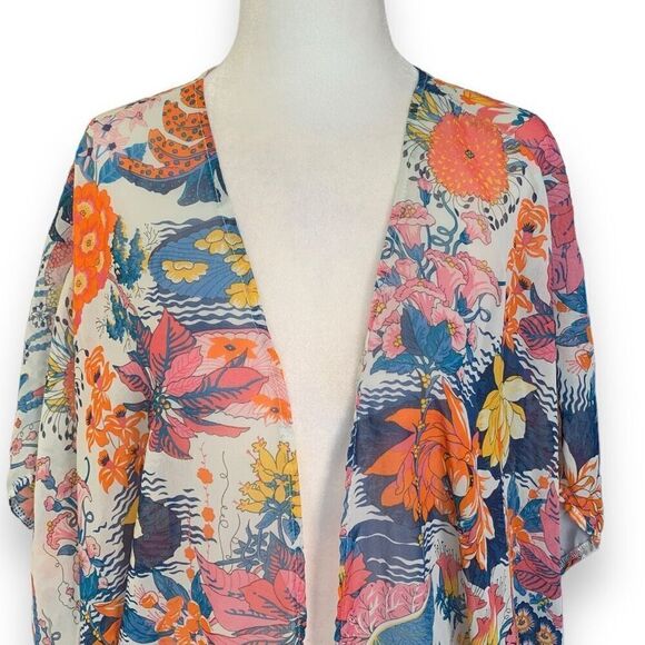 Kimono Swim Coverup Sheer Colorful White Blue Floral Print Open Front Small - Picture 2 of 10